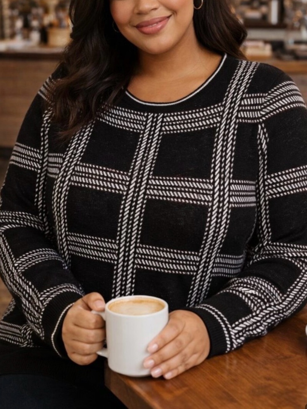 Charter Club Black and White Plaid Crewneck Sweater